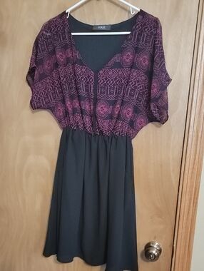 Zouk Red Patterned Bodice Midi Dress with Black Skirt